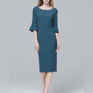 White House Black Market Teal Blue Bell Sleeve Body Perfecting Sheath Dress Sz 6